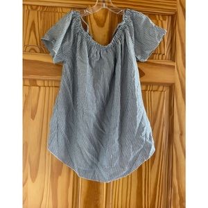 Blue and white off the shoulder blouse